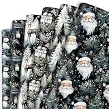 Vnaaem Black Christmas Wrapping Paper 6 Watercolor Xmas Style Bulk Santa Snowman Christmas Trees and Reindeer Designs Folded Flat for Winter Holiday - 20 X 28Inches Per Sheet(6 Pack)