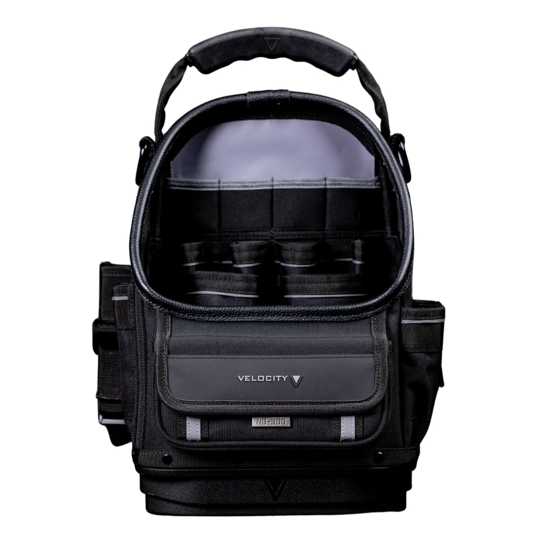 Velocity Pro Gear Stealth NB300 Open Tote Tool Bag, Electrician Tool Bag with Concealed Test Equipment Storage, Vertical Tool Pockets and YKK Zips, Shadow Black
