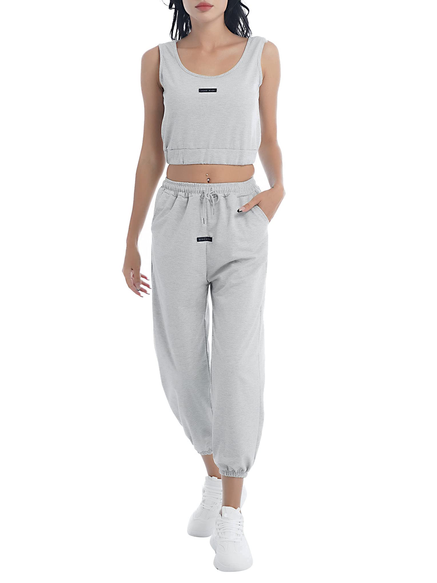 Hansber Womens 2 Piece Tracksuit Jogger Sets Tank Crop Top with Drawstring Sweatpants Sweatsuit Sport Outfits