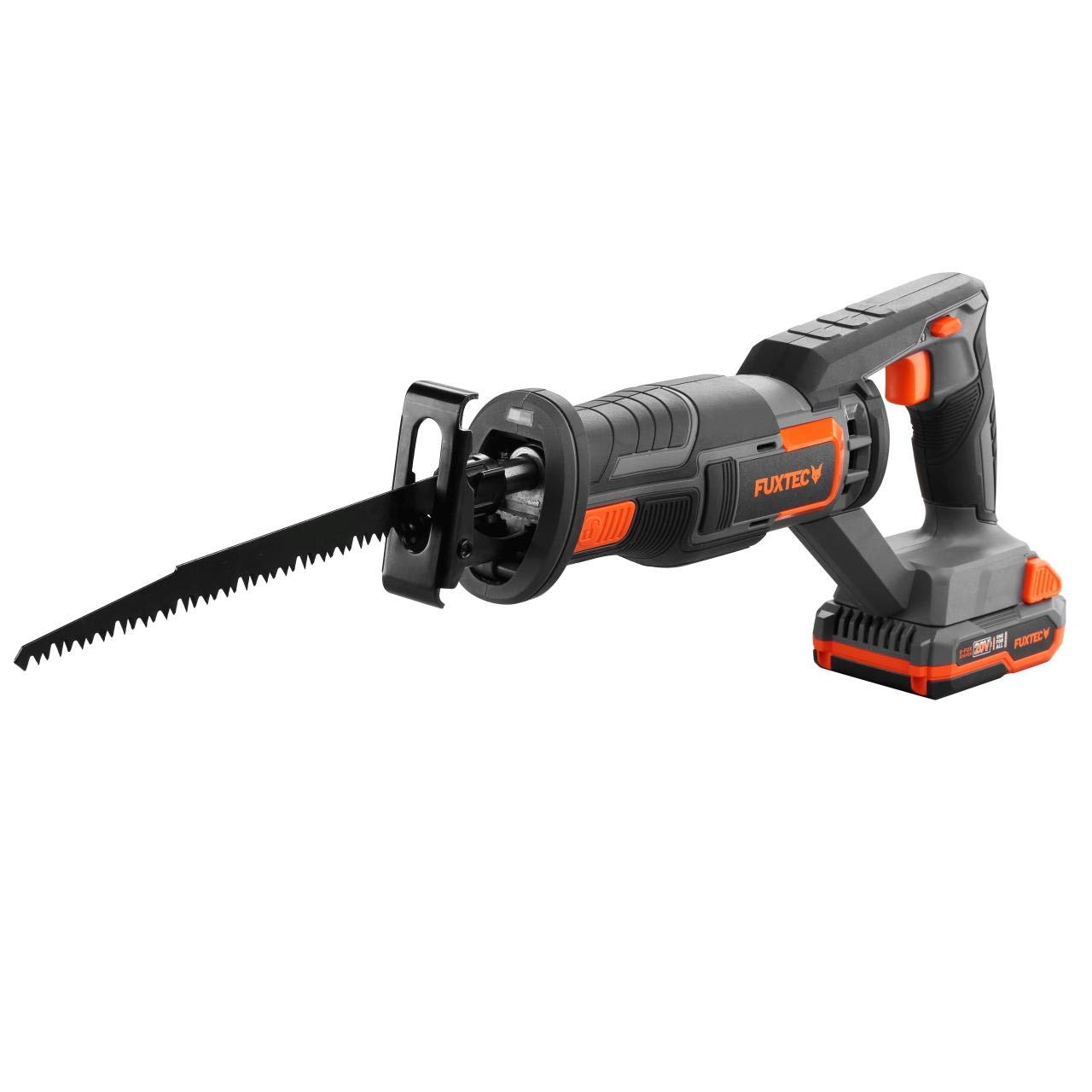 Sierra de sable a batería 20V FUXTEC FX-E1SS20 – con batería de 2.0 Ah y cargador de 1A – incl. 1 cuchilla, carrera de corte 220mm – sin cable - velocidad máxima 3.000rpm