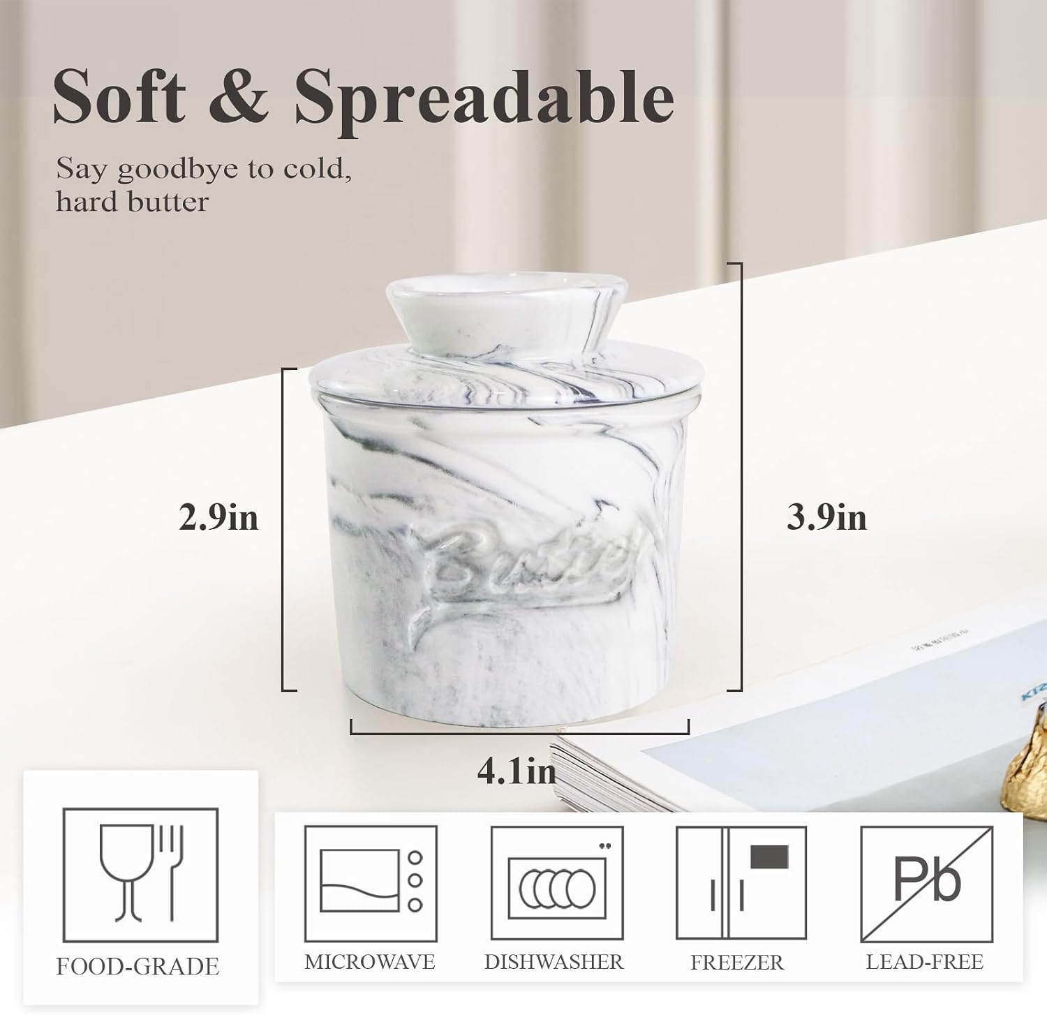 MSJGA Butter Crock for Counter with Water, French Butter Keeper for Spreadable Butter Marble Ceramic Butter Dish with Lid for Countertop, Butter Container Holder