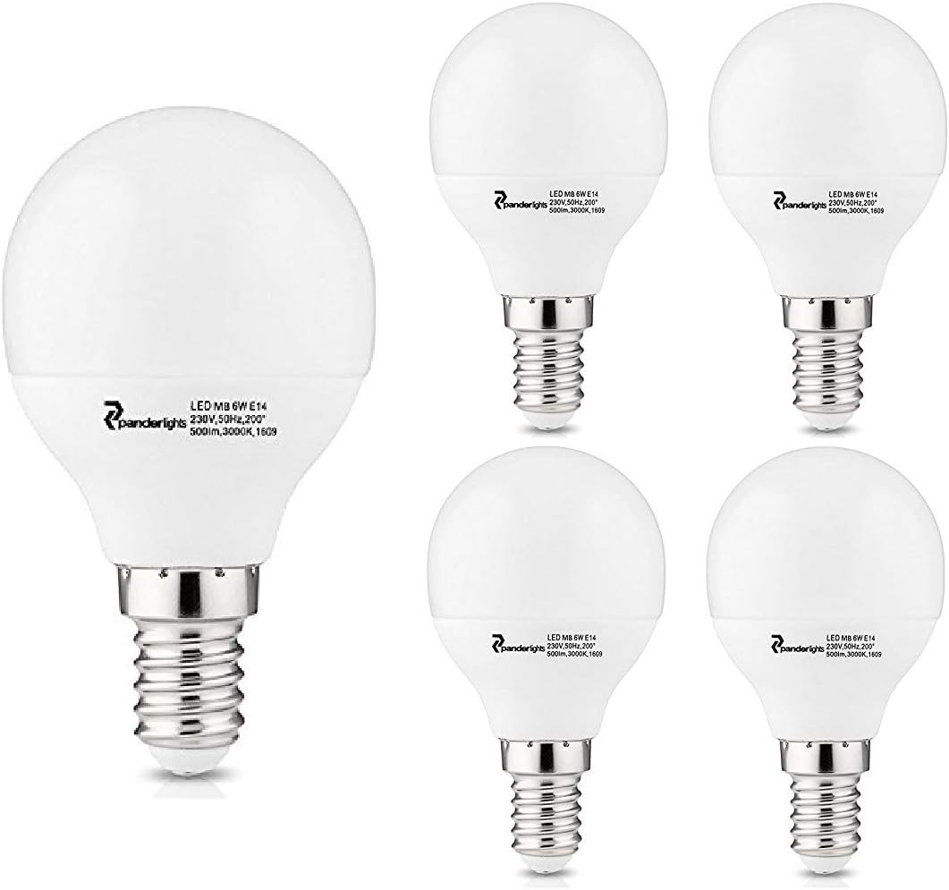 PanderLights Pack of 5 E14 LED MB Bulbs 6 W 500 lm (Replaces approx. 50 W) Warm White SMD LED Bulbs with 150° Beam Angle
