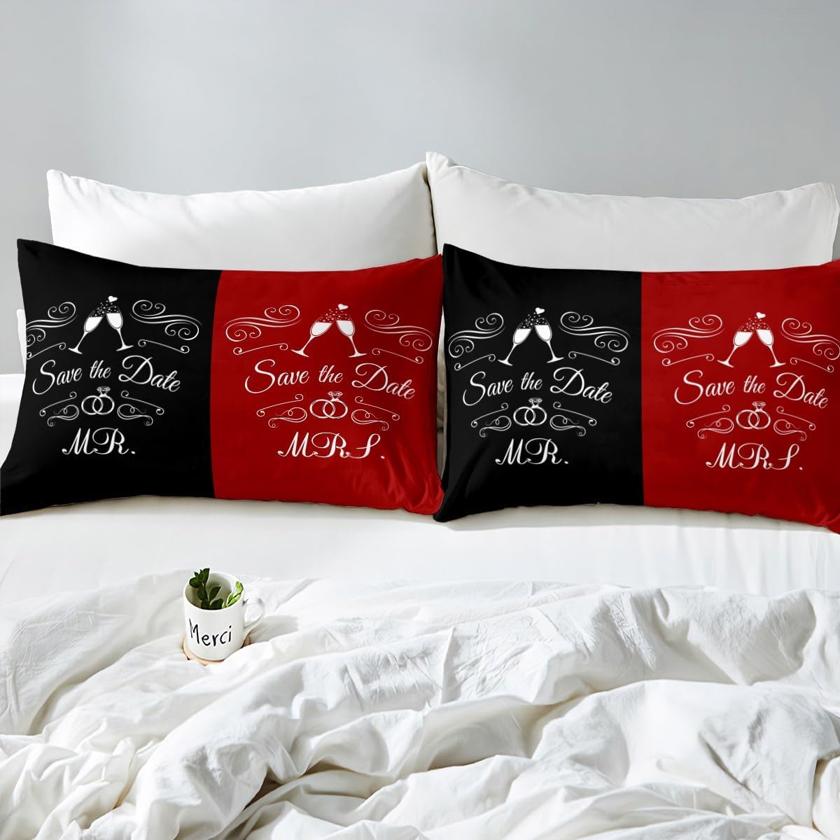 Erosebridal Black and Red Comforter Set, Mr and Mrs Couple Bedding Glasses of Champagne and Wedding Ring Duvet Set Full Size Gifts for Wife Husband Wedding Anniversary, Valentines Day, Birthday