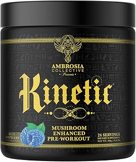 Ambrosia Kinetic - Organic Pre Workout Powder | Mushroom-Enhanced Natural Pre Workout | Nootropic Superfood Powder for Clean Energy, Focus, Recovery | 24 Servings | Blue Raspberry