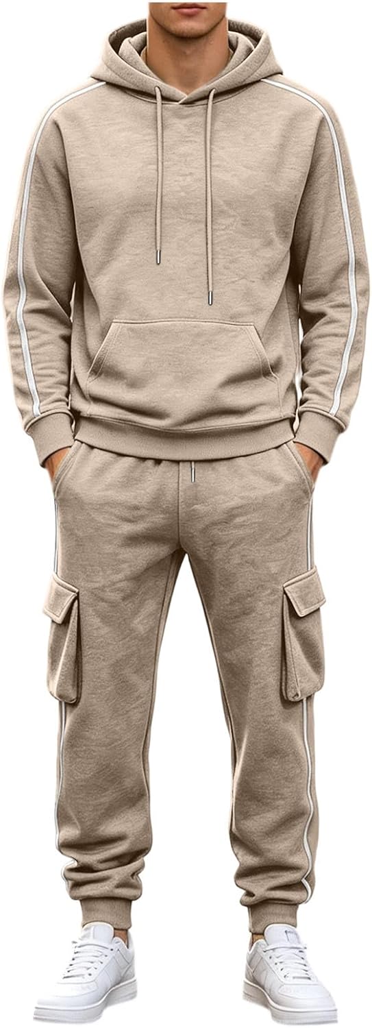 Men's Striped Sleeve Hoodie Cargo Set Side Stripe Streetwear Suit