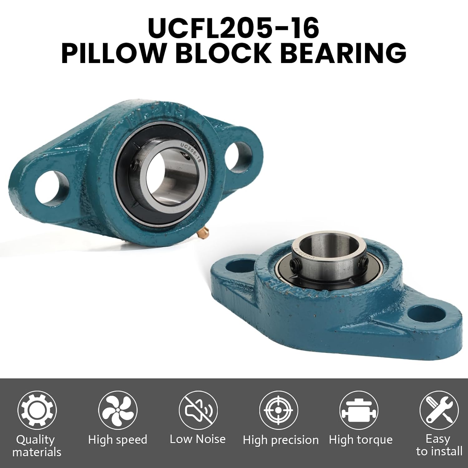 1 Pcs UCFL205-16 Pillow Block Bearing, 1" Bore, 2-Bolt Flanged Mounted Bearings Set Screw Locking, Solid Cast Iron Base Self Alignment