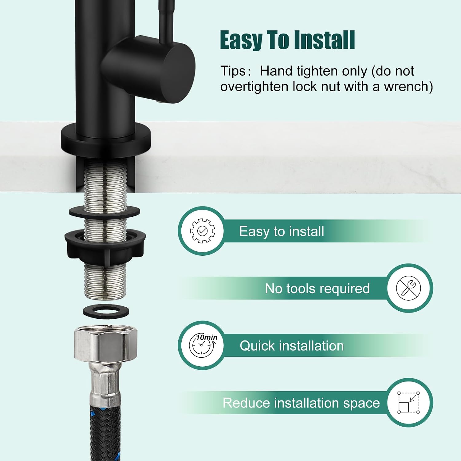 Heyalan Matte Black Faucet Cold Water Only Single Lever Handle SUS304 Sink Bar Tap 360 Degree Swivel Spout Decked Mounted Longer Thread Pipe