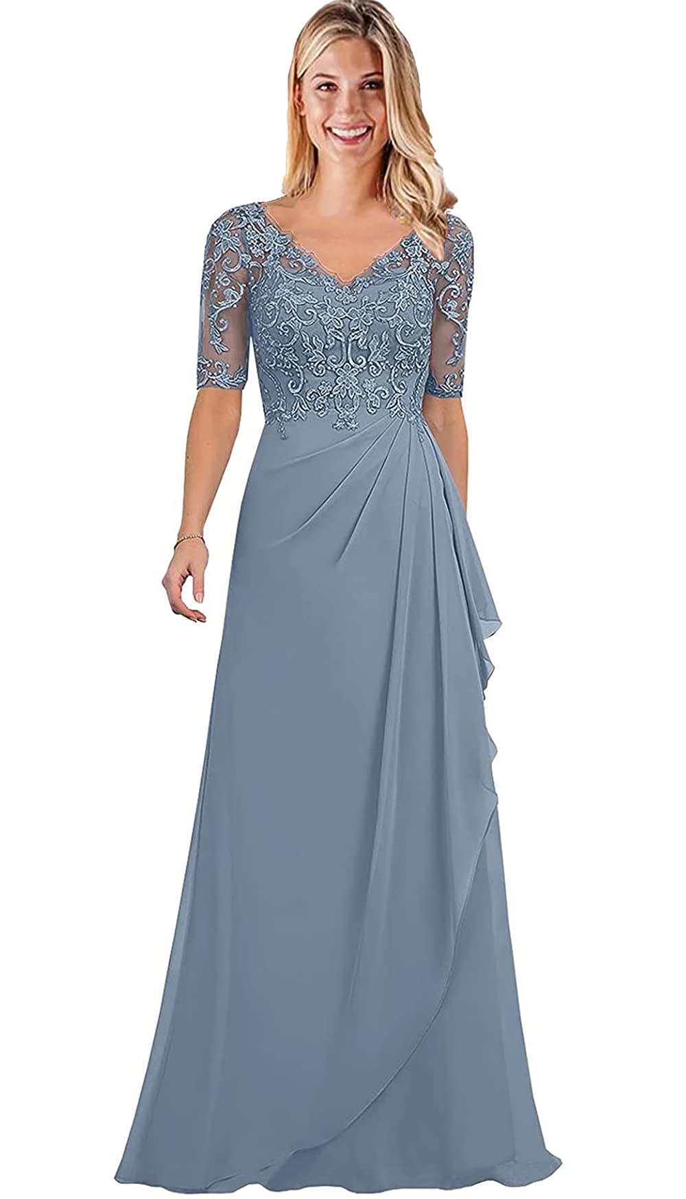 Cicinia Dusty Blue Mother Of The Bride Dress Long Chiffon A-line Plus Size V-neck Floor Length