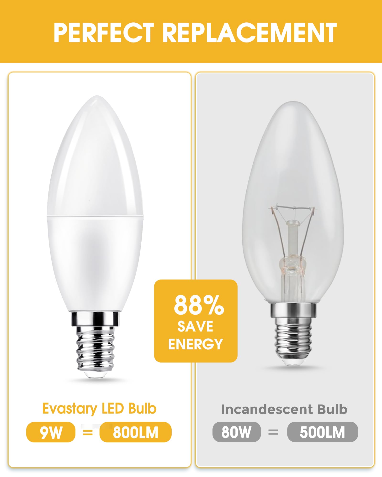 EvaStary E14 Candle Light Bulb 80W Equivalent, 9W Candle Bulbs Small Screw 3000K Warm White - Image 3