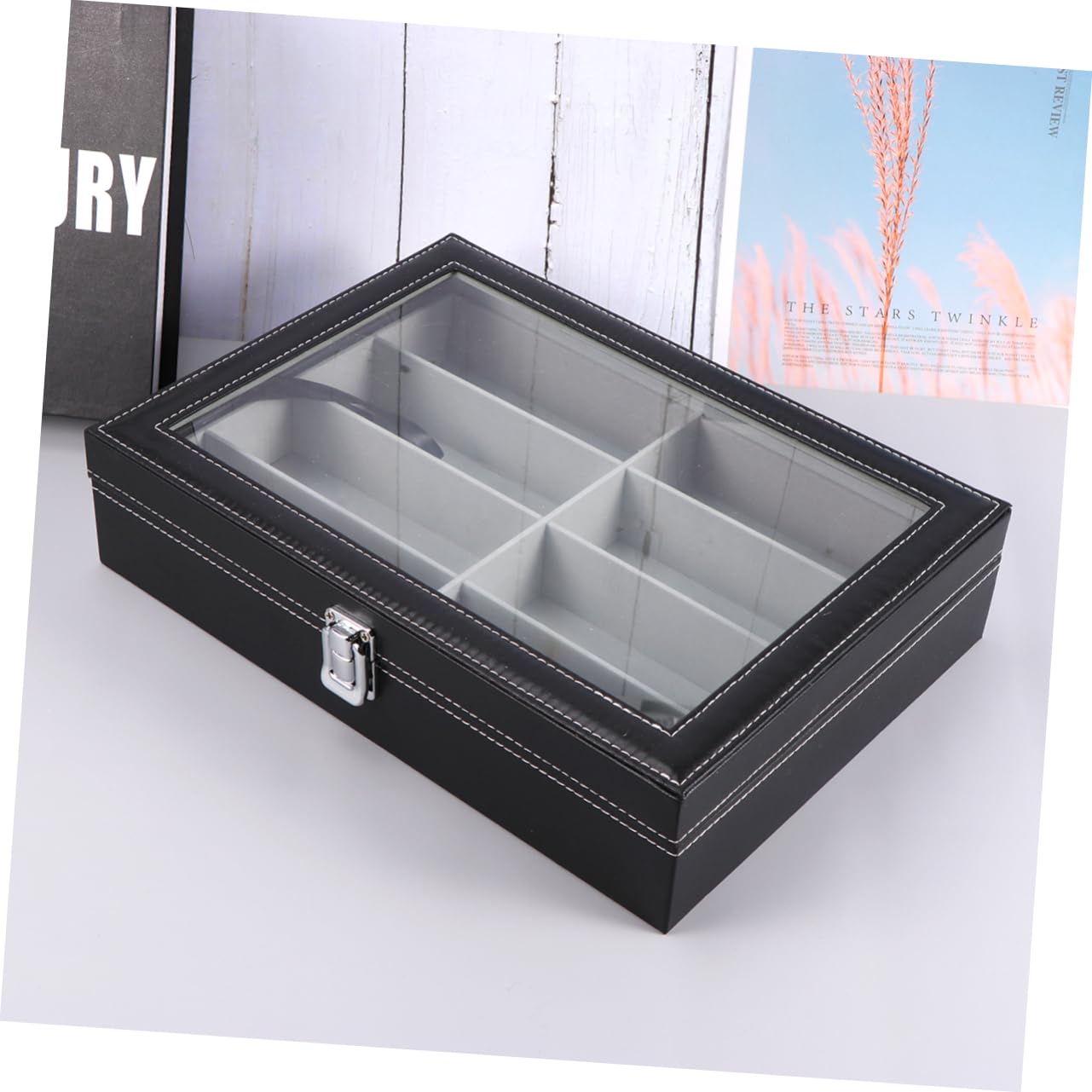 minkissy Estuche Organizador para Gafas De Sol con 8 Compartimentos, Interior De Tela Gris, Tapa De PU Negro con Textura De Punteado, Bandeja para Almacenamiento Seguro y Exhibición En Hogar y Tienda