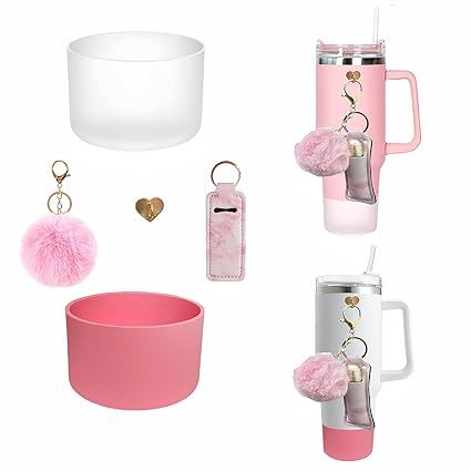 Klasikok Stanley Tumbler Accessories,Water Bottle Silicone Boots for 40Oz Stanley Cup,Stanley Water Bottle Pink Dupes Accessories Charms Hook Chapstick Holder(Pink Dusk,Transparent)
