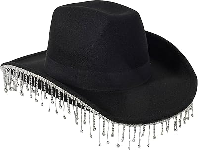 QWINEE Women's Western Rhinestone Tassel Decor Cowboy Hat Halloween Cowgirl Hat Fedoras for Men