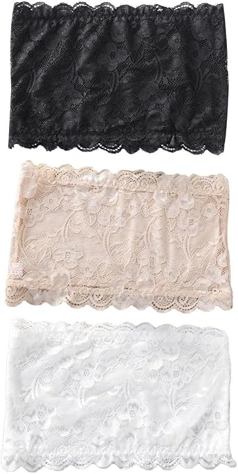 FZBNSRKO 3 Pcs Womens Lace Bandeau Bra Floral Lace Tube Top Bandeau Strapless Tube Top Padded Bralette Seamless Stretchy Chest WrapWhite,Skin,Black