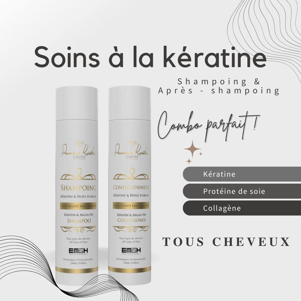 Premium Keratin Caviar Kit Shampoing & Soin Démêlant à la Kératine Sans Sulfate et Sans Sodium – 2 x 250ml