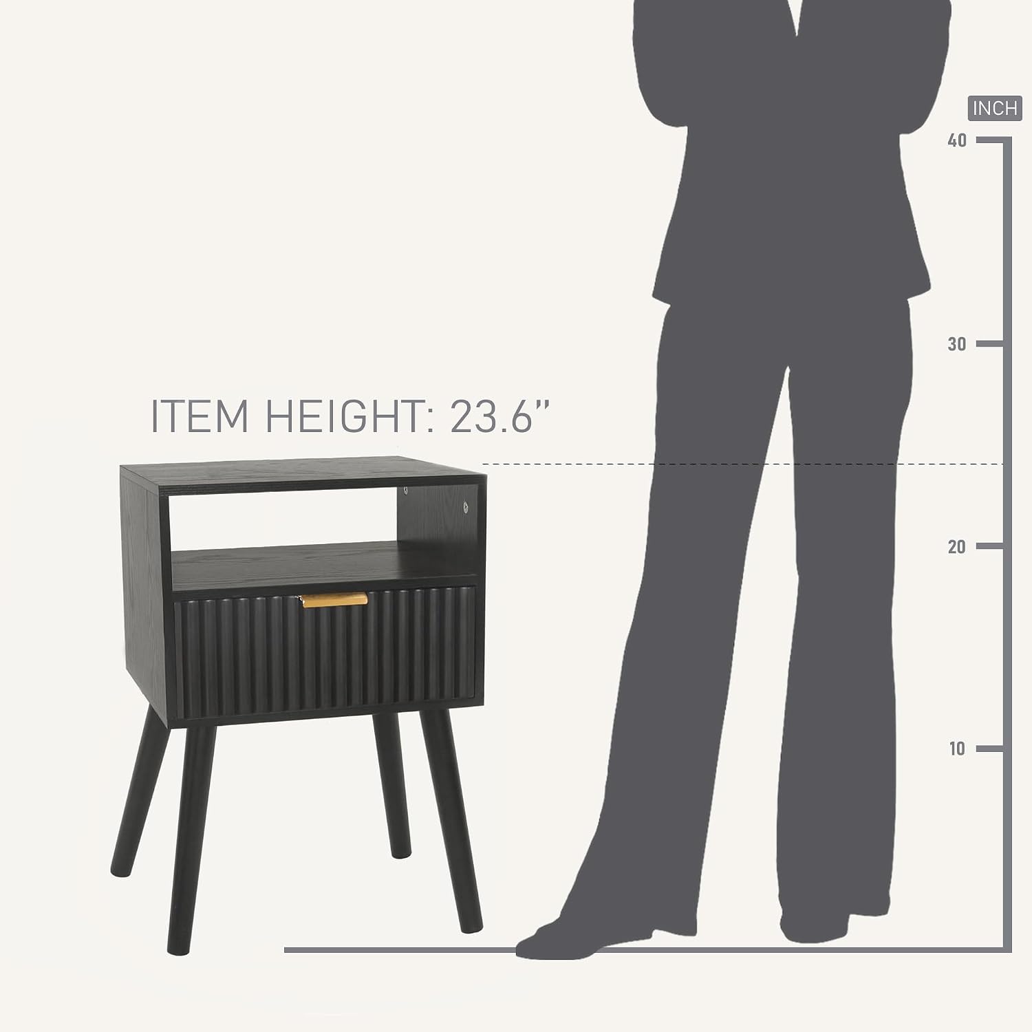 Fultyle Black Nightstand, Modern Bedside Table with Fluted Drawers, Small Night Stand with Storage and Solid Wood Legs for Bedroom, Dorm and Small Space (Black)