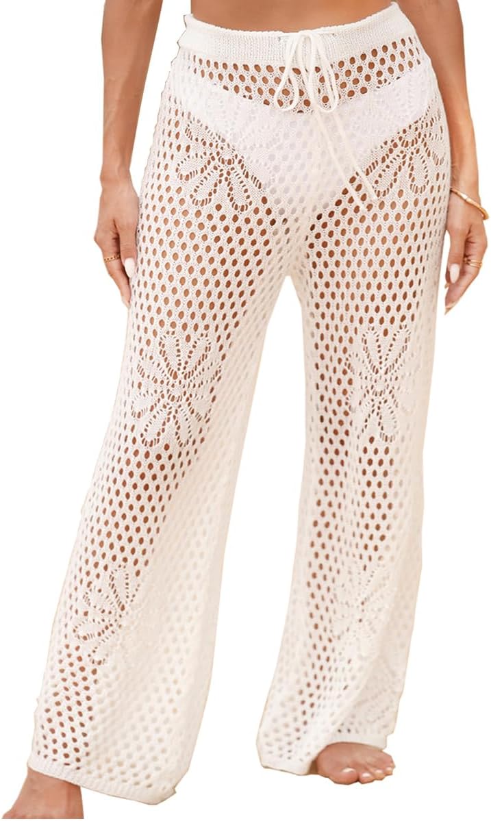 Womens Crochet Cover Up Pants Swimsuit Coverup Mesh Sheer High Waisted Drawstring Beach Pants