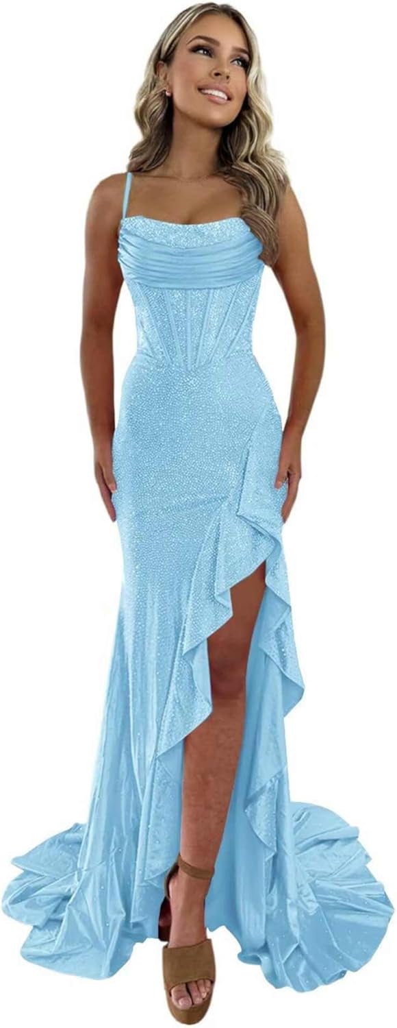 Spaghetti Straps Prom Dresses for Women Long Mermaid Satin Evening Gown Sequin Prom Dresses with Slit