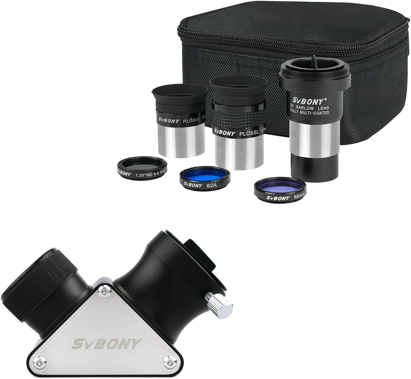 SVBONY SV233 7PCS Telescope Accessory Kit with Plossl Eyepiece, Barlow Lens, Moon/ND4/82A Color Filter Bundle with 1.25 inches 90 Degree Dielectric Mirror Diagonal, for Astronomical Observations