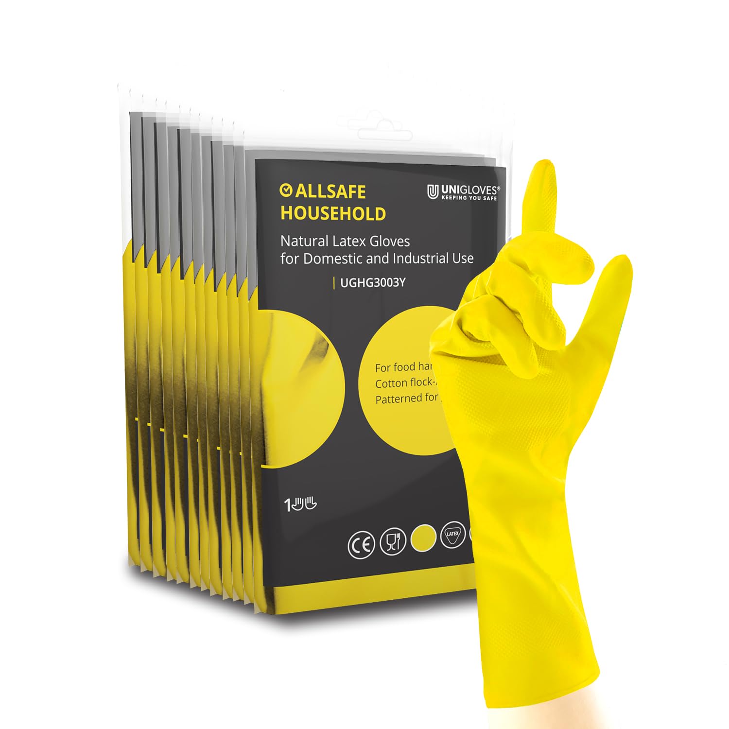 UNIGLOVES Allsafe Household Yellow - Latex Reusable Household Gloves for Cleaning, Washing up and Food Processing - 12 Pairs - Size S