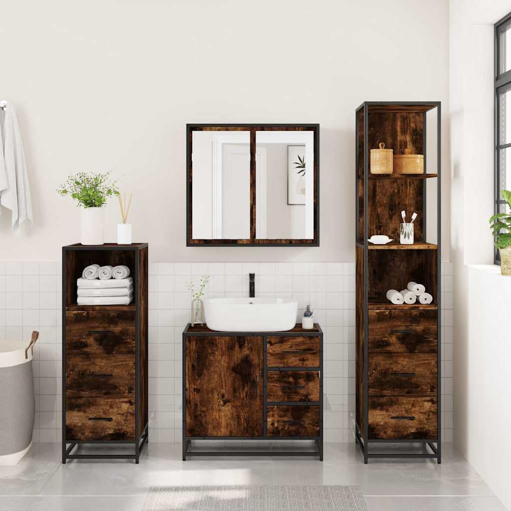 4-teiliges Badmoebel Set Raeuchereiche Holzwerkstoff mit Spiegelschrank, Waschtisch Unterschrank, Hochschrank und Haengeschrank Fuer Stauraum, Ordnung im Badezimmer