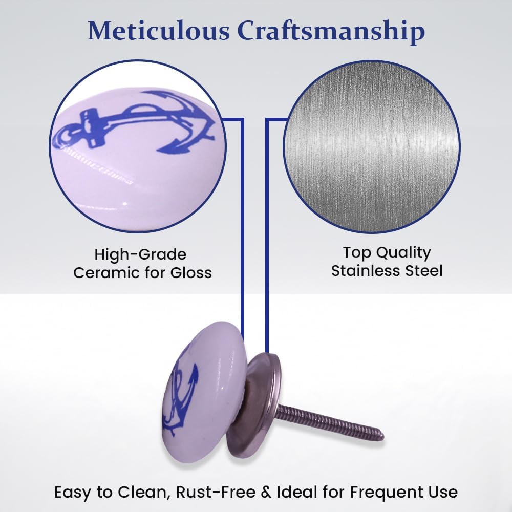 The Metal Magician Cabinet Knobs, Blue Anchor On White Ceramic Aesthetic Kitchen Cabinet & Furniture Knobs (Set of 18)