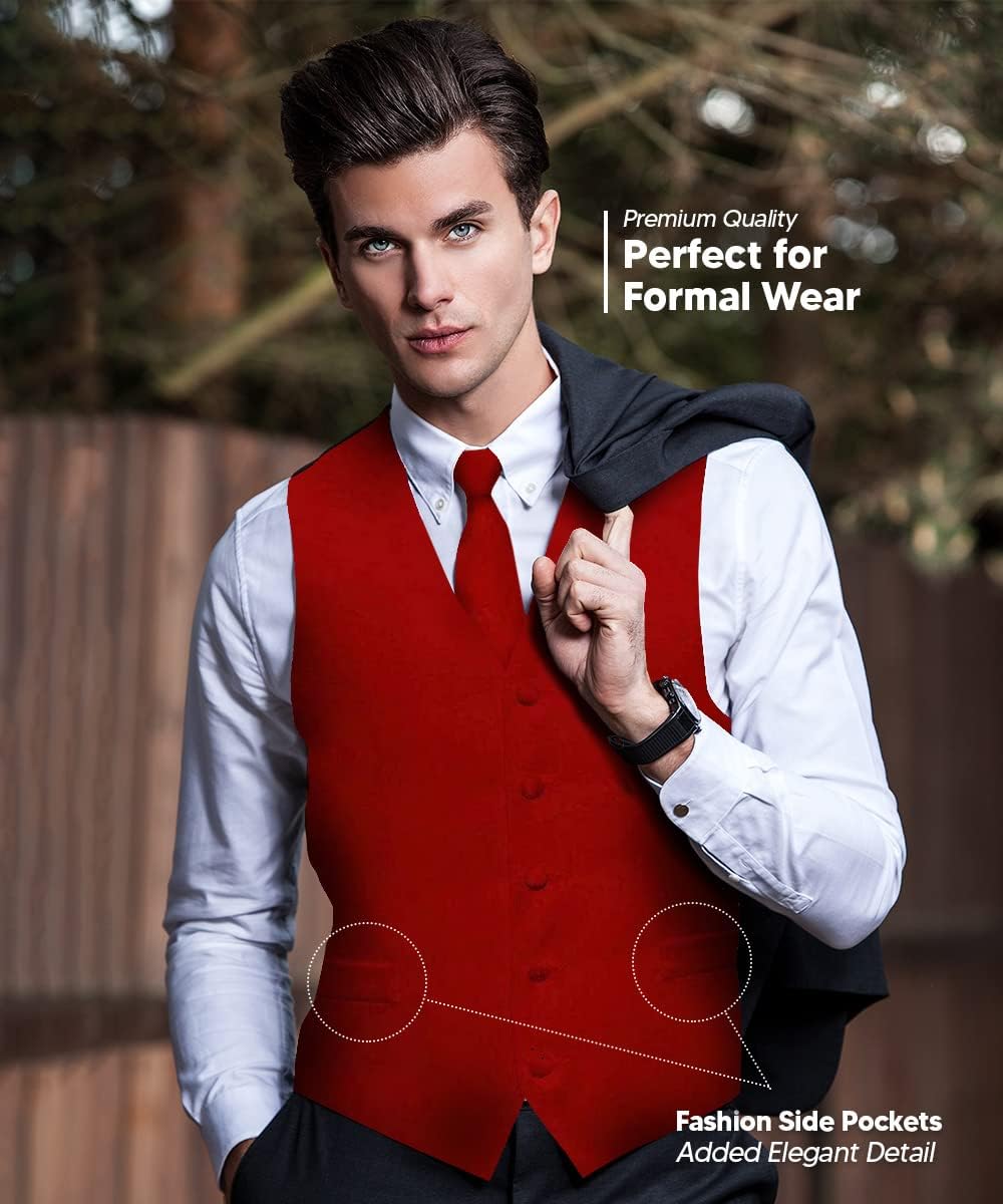 Solid Color Satin Suit Vest for Men Set of 4 - Vest, Tie, Bow Tie & Pocket Square (Black Back)