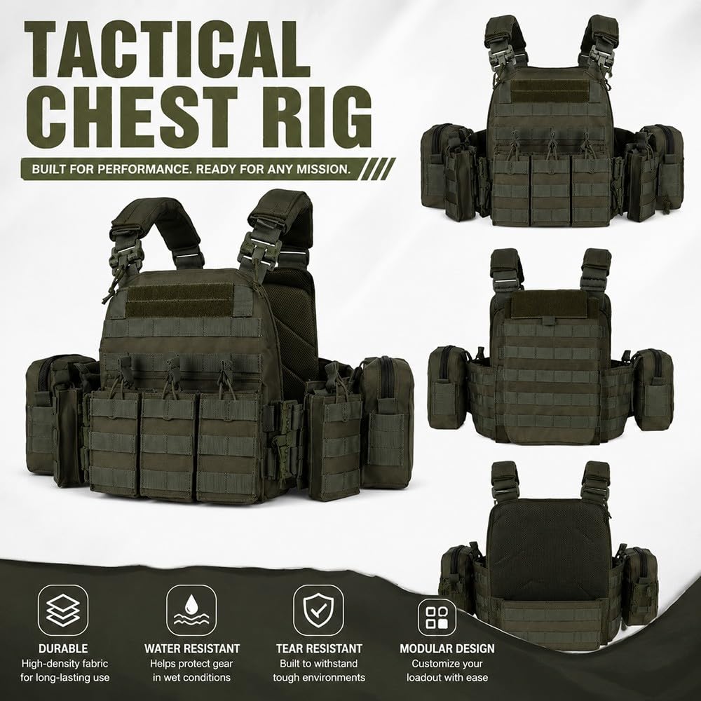 Chaleco MOLLE Ligero Ajustable,Chaleco Modular Bolsillos Desmontables Cierre Liberación Rápida Transpirable Airsoft Paintball Senderismo Actividades Aire Libre Cosplay