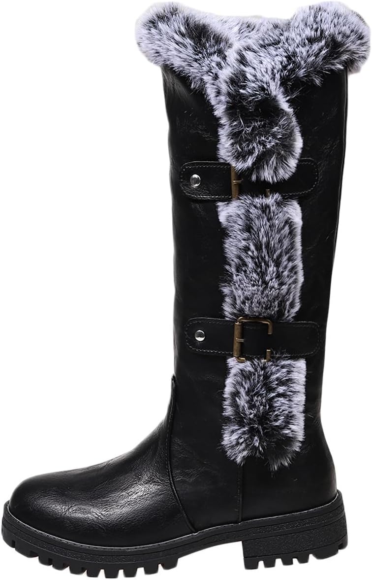 Women's Solid Color Snow Boots, Fashionable Slip-on Plush Lined Winter Boots, Leather Comfortable Mid-calf Boots