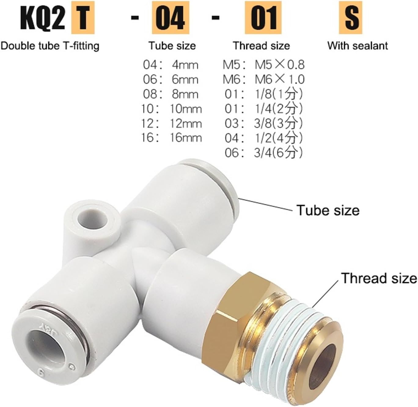 Pneumatic Fittings External Thread T-Shaped Tee Connector KQ2T04 06 08 10- M5 M6 01S 02S 03S 04S 1Pcs(KQ2T12-02S)
