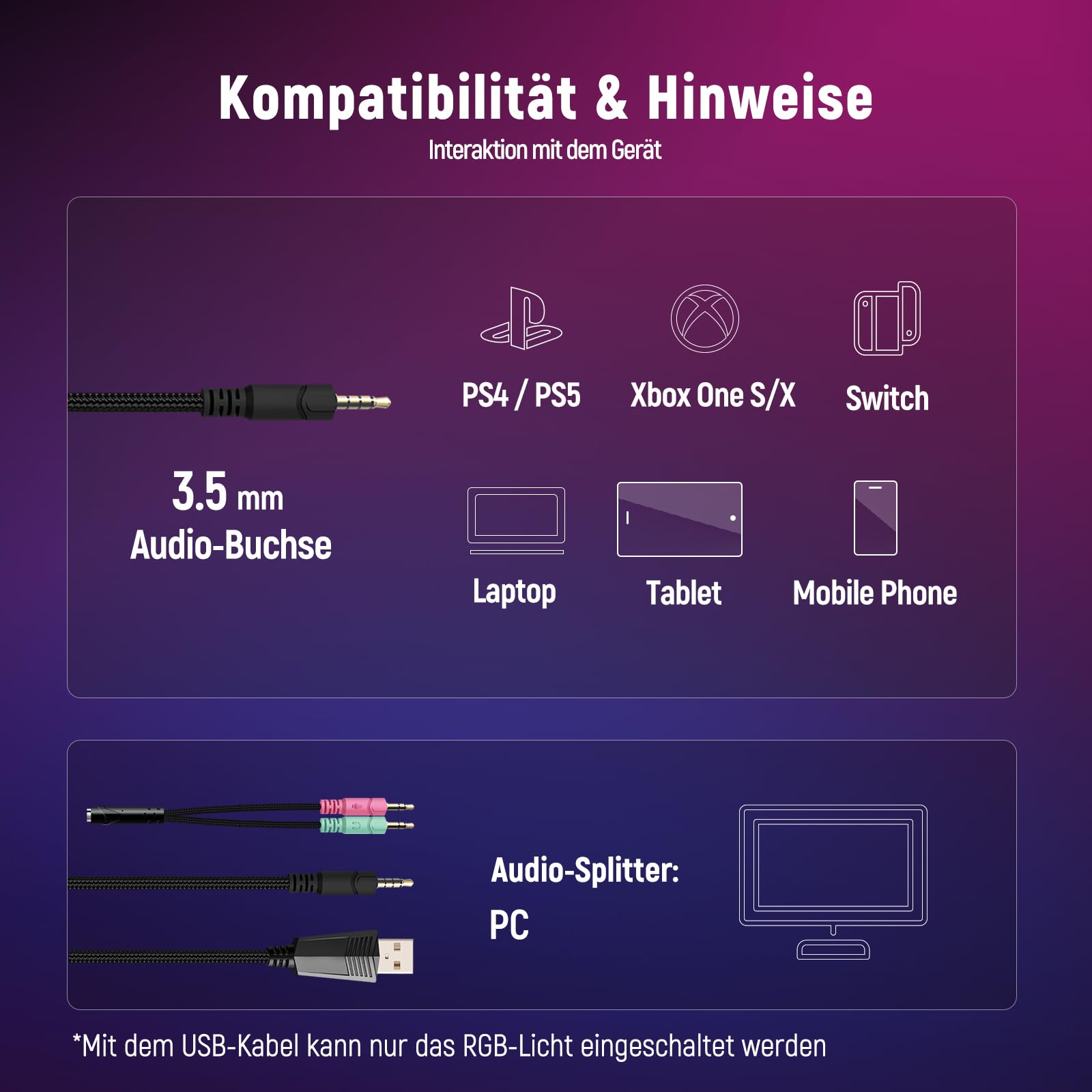 Ozeino Cuffie da gioco per PS4 PS5 PC con audio surround 3D con microfono, cuffie cancellazione del rumore, luci RGB per gamer