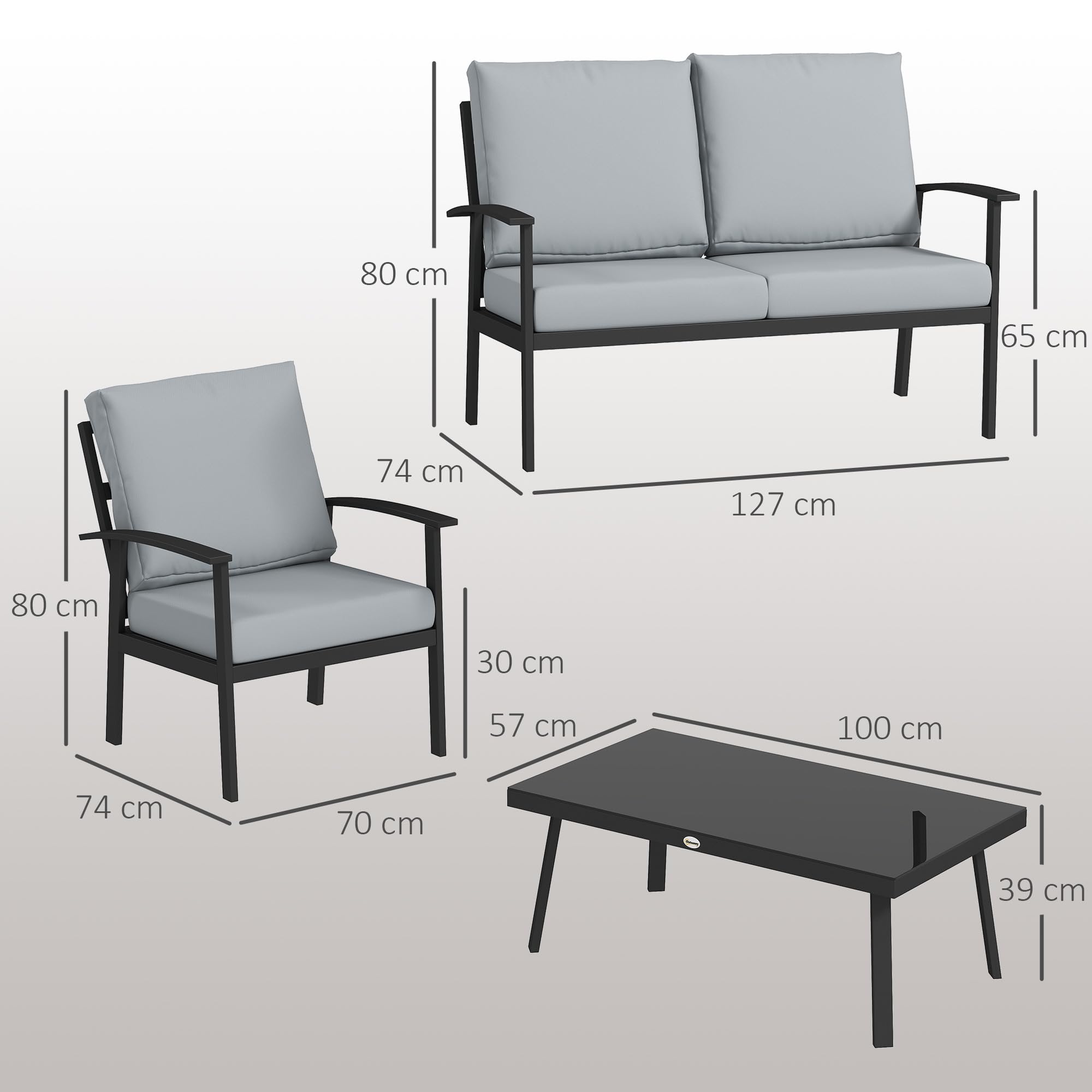 Outsunny Set Salotto da Giardino da 4 Pezzi in Alluminio, Set di Mobili con Divanetto da Esterno a 2 Posti, 2 Poltrone e Tavolo da Caffè con Piano in Vetro e Cuscini Sfoderabili, Grigio Carbone