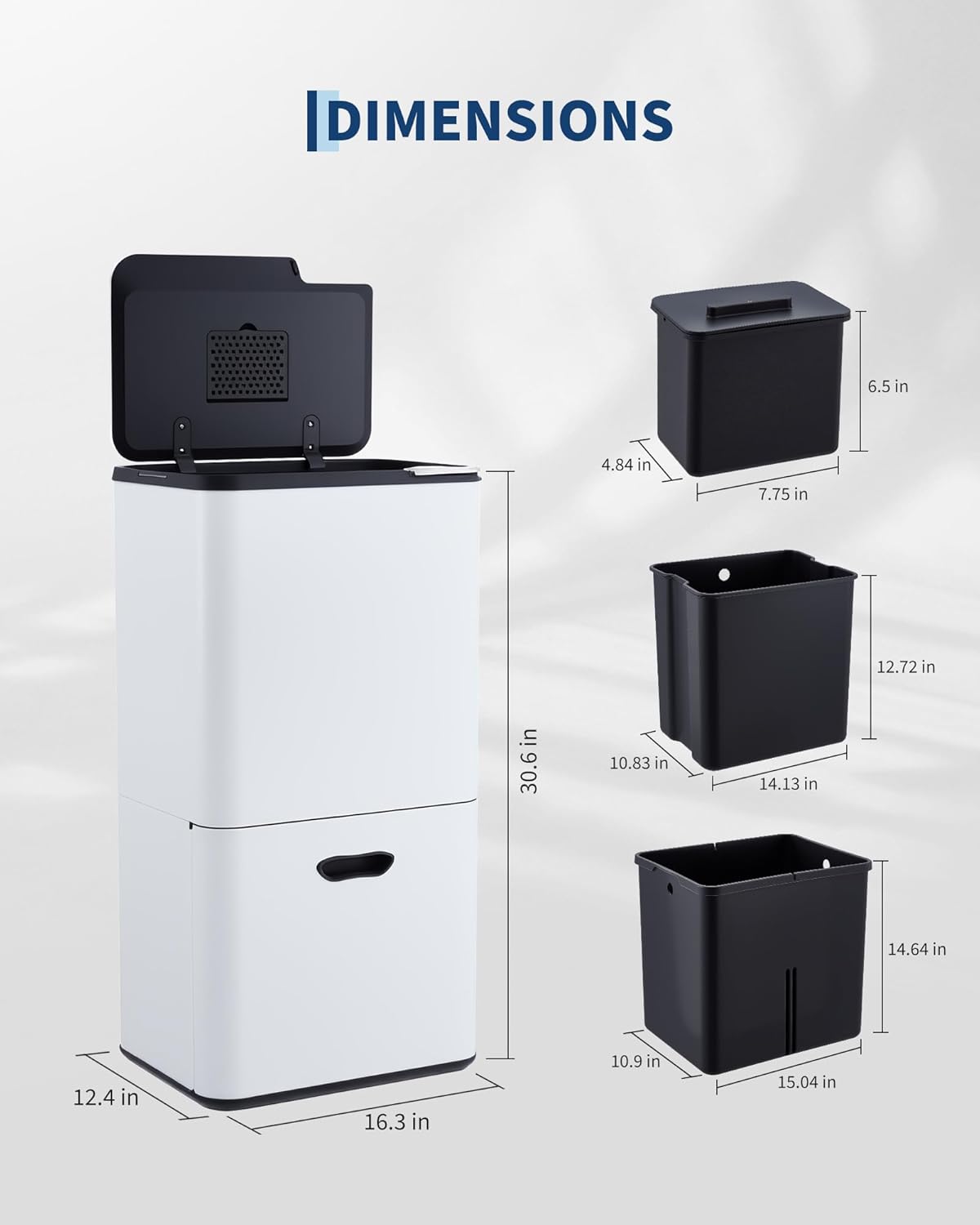 OUTLANE 16 Gal Kitchen Dual Trash Can, 16 Gal Classified Garbage Can with Compost Bin, Stainless Steel Trash and Recycle Bin Combo with Removable Inner Bucket & Odor Filter, White