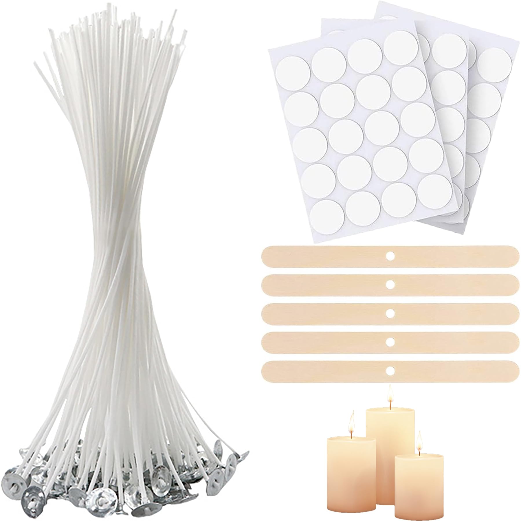 100 Mèches à Bougie En Coton 10cm – Avec Supports Bois, Autocollants, Fixateurs Métal | Pour Bougies Maison, Parfumées