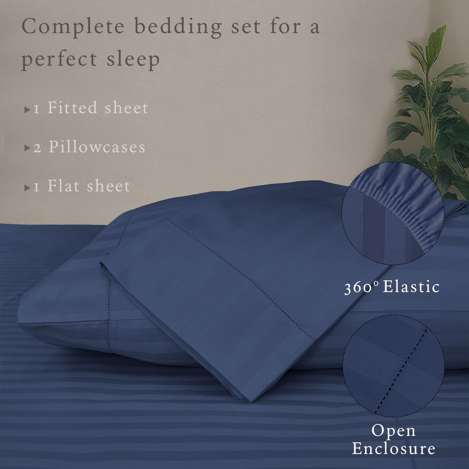 Threadmill 500 Thread Count Full-Size Damask Stripe, 4 Pc Luxury Cotton Sheet Set, Silky Smooth Folkstone Blue Sheets with 16" Elasticized Deep Pocket, 2 Pillowcases & Free Tote Bag - Image 3