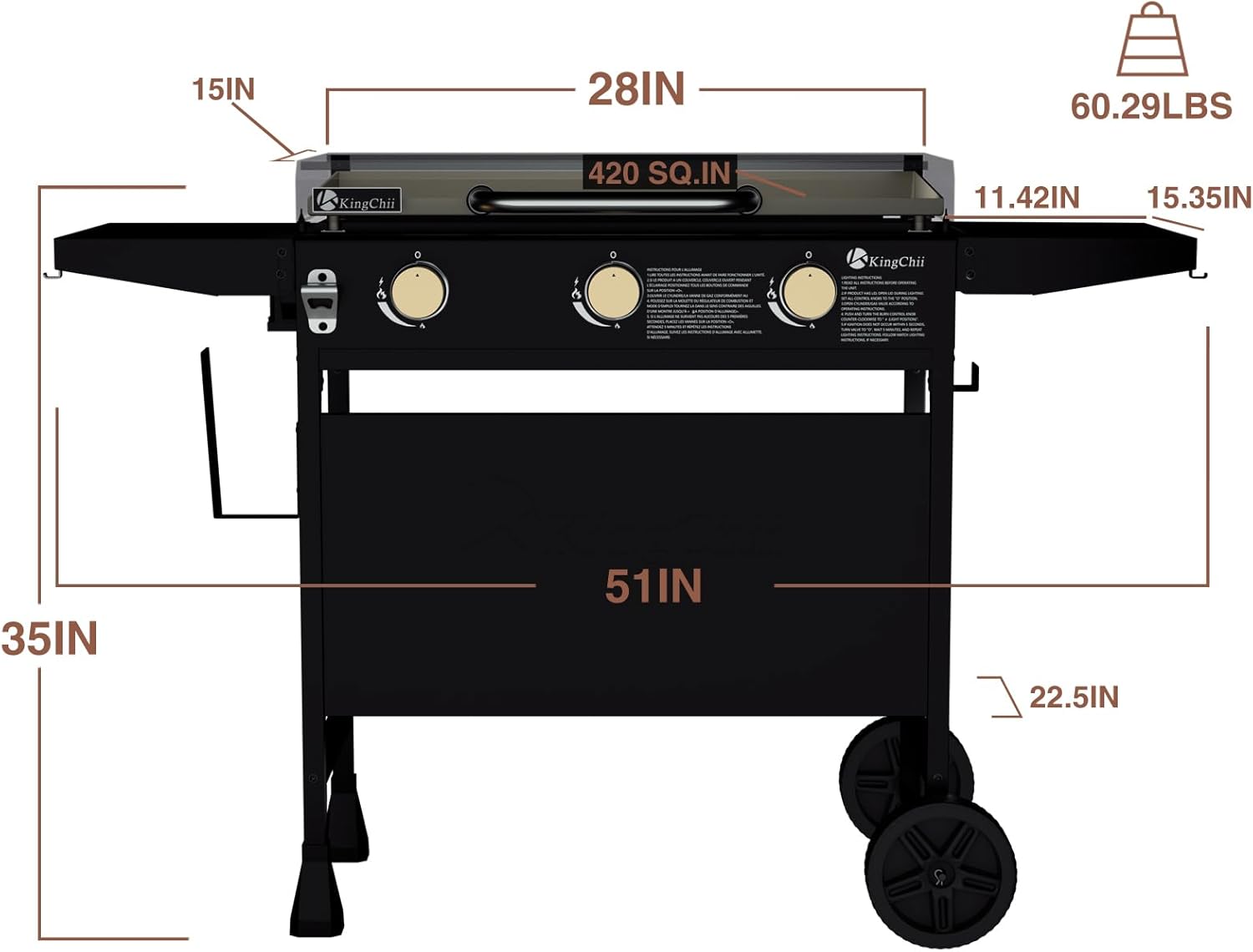 KingChii 28" 3-Burner Griddle with Integrated Protective Hood and Counter Height Side Shelves, Powder Coated Steel, Black