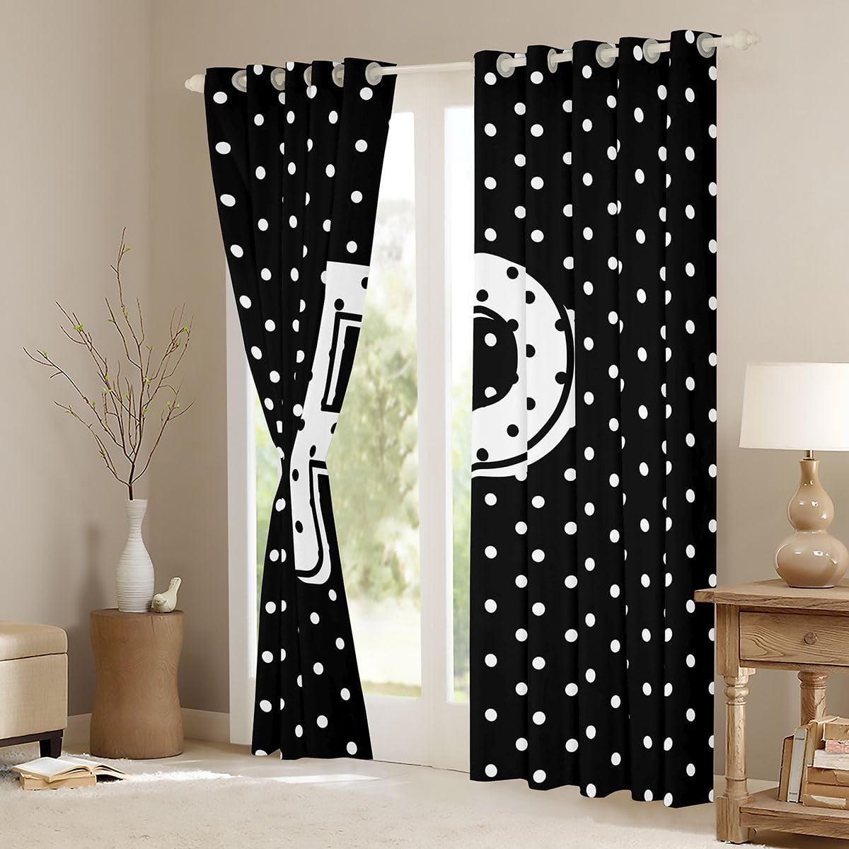 Feelyou Polka dots Curtains for Bedroom Living Room Personalized Initial P Blackout Darkening Drapes Black White Window Treatments, 2 Panels 38 x 45 Inch Room Decor image 3