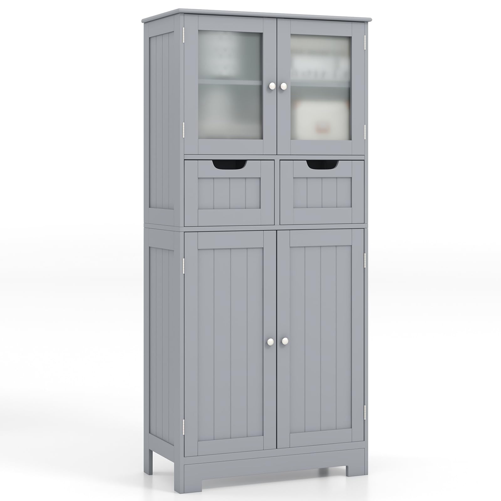 GIANTEX Mueble de Baño con 4 Puertas, Armario de Suelo con 2 Cajones y 2 Estantes Ajustables, Kit Antivuelco, 60 x 30 x 128 cm, Mueble de Almacenamiento para Salón, Dormitorio (Gris)