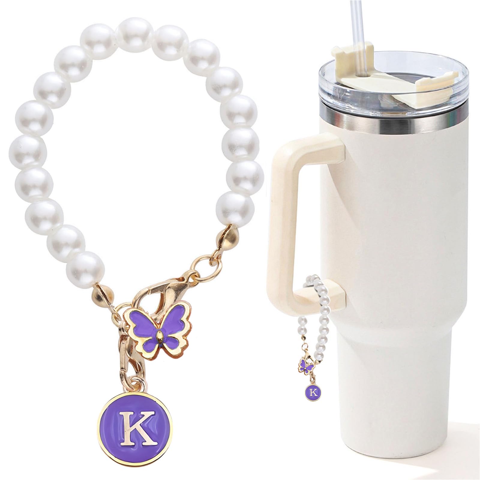 Letter Charm for Stanley Cup，Pearl Chain Accessories Stanley Cup Initial Charms for Handle Stuff Decor Water Bottle Jewelry Tumbler Cute Personalized Name ID Decorations Purple Tag K