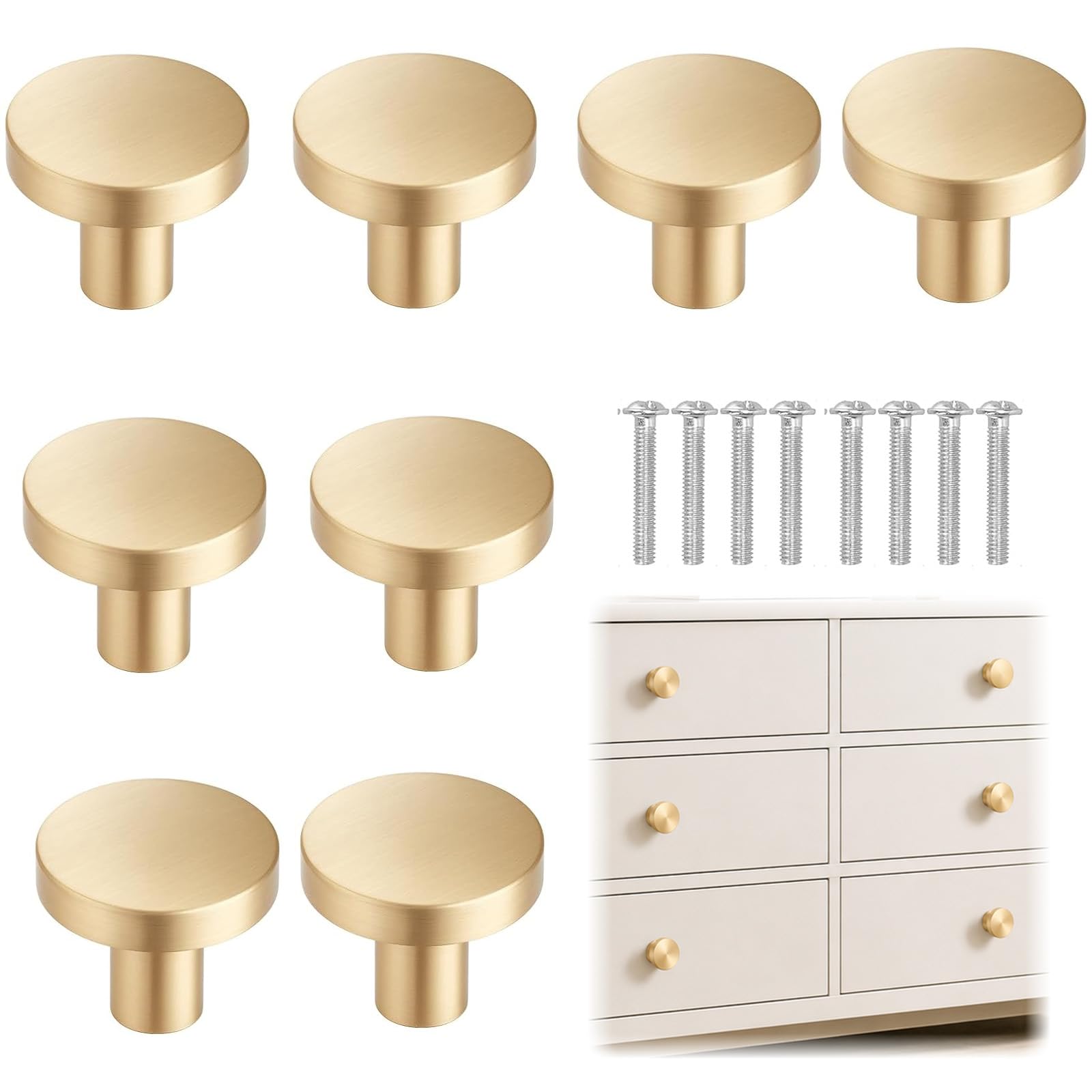 Wismont 8 Pcs Gold Drawer Knobs Round Brass Cabinet Knobs with Screws, 2.5×2.5×2 Cm Elegant Gold Knob for Drawers, Cupboard Knob, Wardrobe Handles and Furniture Decor, Anti-Rust & Smooth Edge