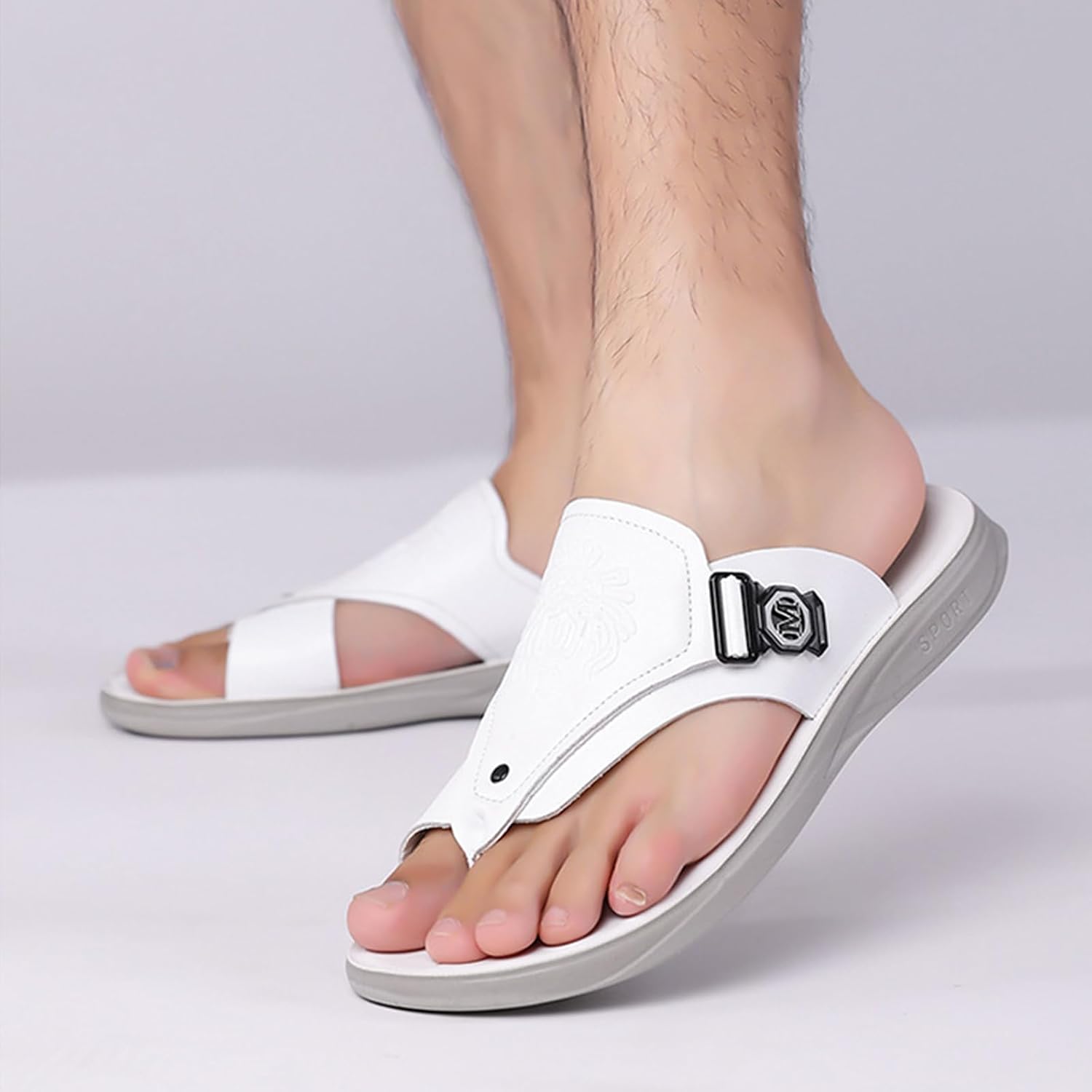 Mens Leather Slip On Flat Sandals Comfort Open Round Toe Non Slip Toe Clip Summer Slipper With Arch Support Casual Daily Walking Beach Flip Flops