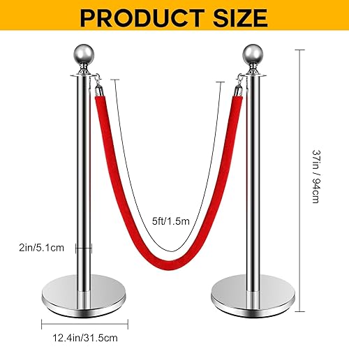 Miniatura 3 de Poste de puntal de acero inoxidable, cuerdas y postes de alfombra roja de terciopelo de 5 pies, base hueca y cuerdas de seguridad, soportes y