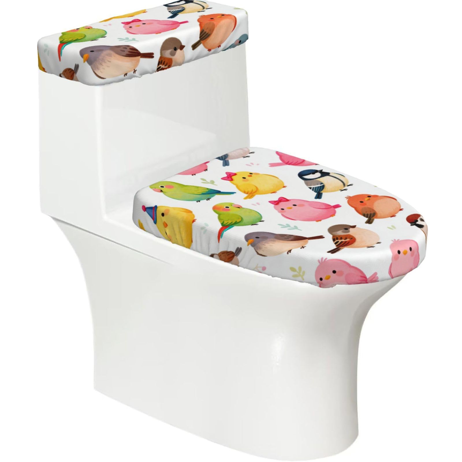 Bird Party Elastic Toilet Cover Set of 2-Stretchy Lid and Tank Covers for Bathroom, Soft Washable U Shape Toilet Decor