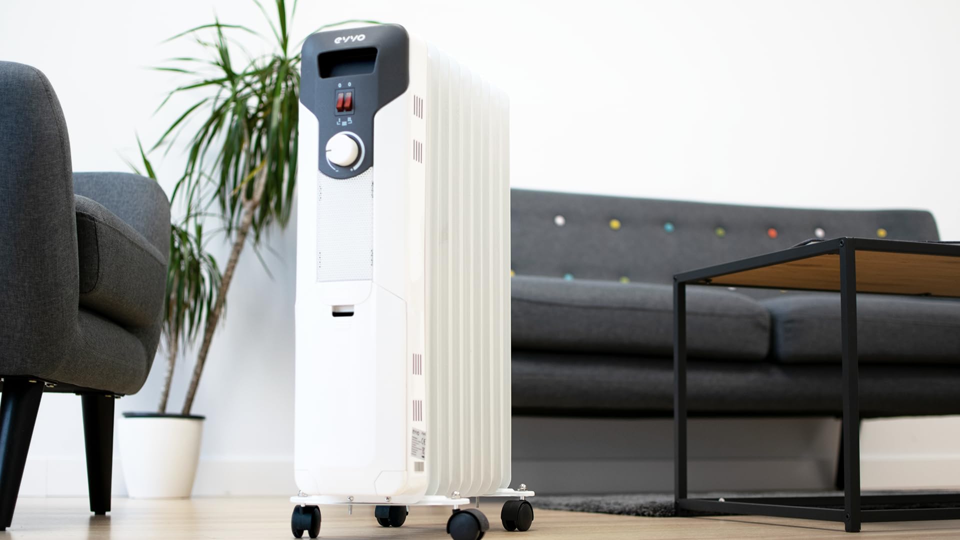 EVVO C9 biały grzejnik olejowy, 2.000W, do 20 m2, wydajny, 3 tryby, łatwy transport, bezpieczeństwo przegrzania
