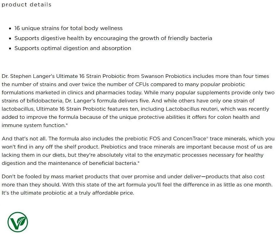 Swanson Dr. Stephen Langer's Ultimate 16 Strain Probiotic with Fos 60 Veg Caps