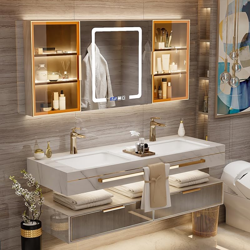LUTHXAY 84-Inch Double Sink Floating Bathroom Vanity with LED Smart Mirror Cabinet