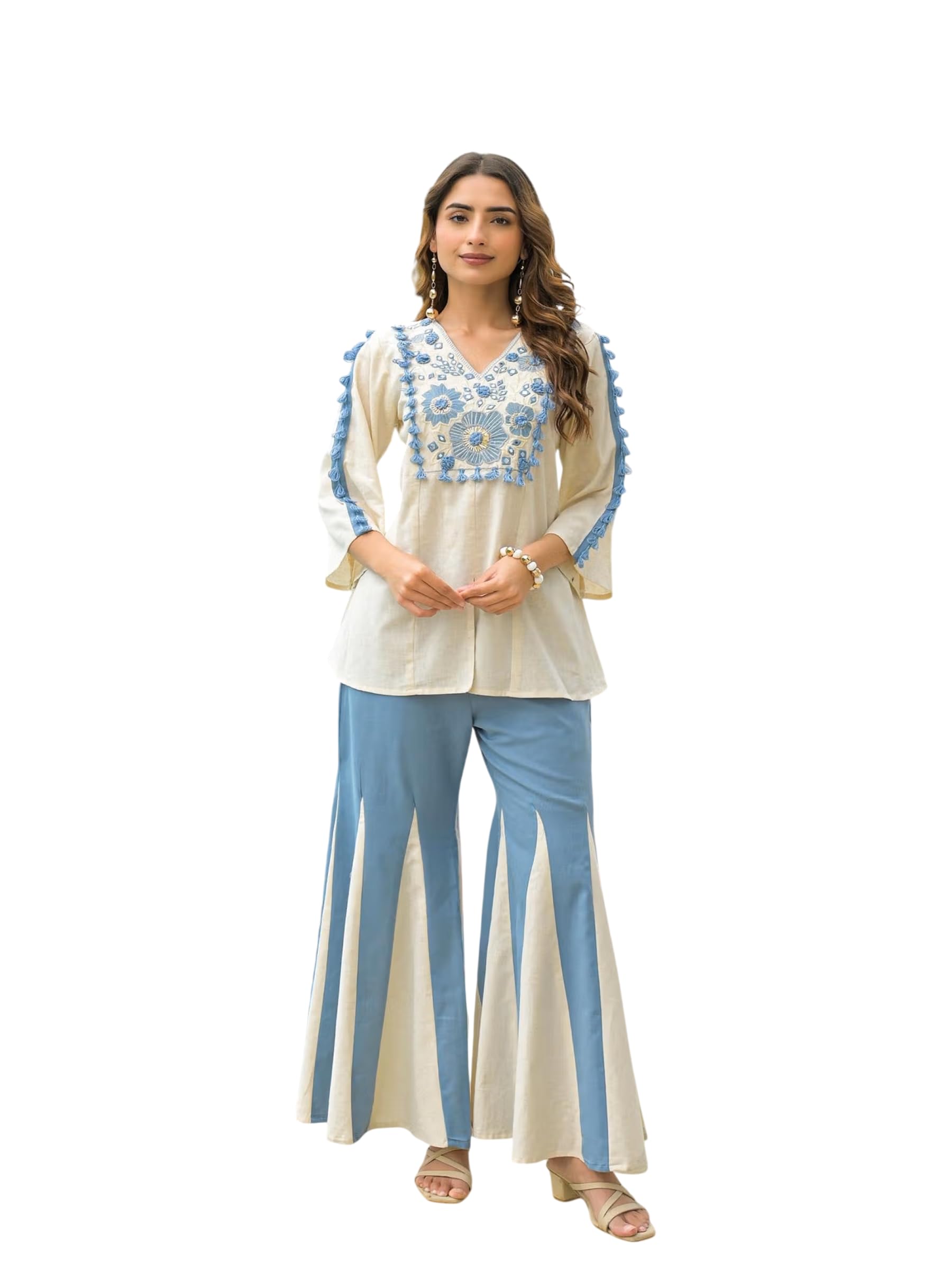 varni fabrics: a lady's first love Women's Embroidered Rayon Kurta With Palazzo, Off-White and Blue, Floral Embroidery, Ethnic Co-ord Set-picture-45