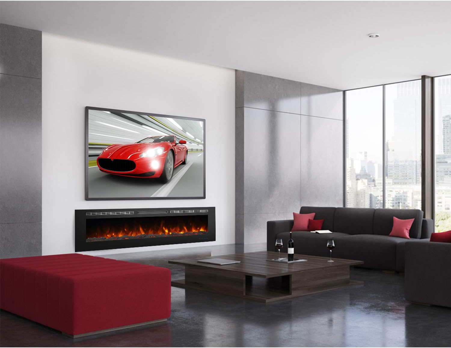 Valuxhome 72 Inches Electric Fireplace, Recessed Fireplaces for Living Room with Remote, Overheating Protection, Logset and Crystal, Touch Screen, 1500W/750W, Black