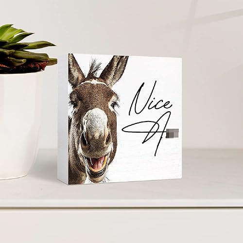 Miniatura 3 de SJNH Letrero Gracioso de Burro de Madera para Baño, Pequeño Decorativo en Madera para Estante de Baño, Bonito Signo de "Nice Ass" en Caja de Madera
