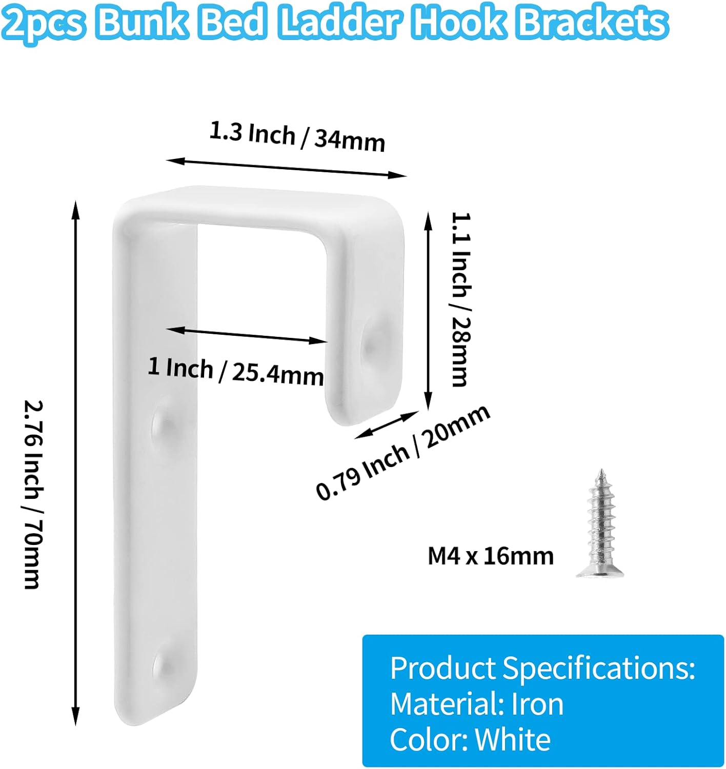 Bivethoi 2pcs Bunk Bed Ladder Hook Brackets, 1 Inch J Hanger White With PVC Coated, Heavy Duty Metal Utility Hooks for Loft Bed Stairs, Library Ladder Hardware