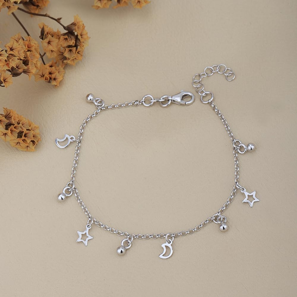 Vanbelle Sterling Silver - Rhodium Plated with 925 Stamp - Dangling Stars & Moons Bracelet - Elegant Hand Bracelet for Women - 6.5" Long + 1" Extender - Image 8